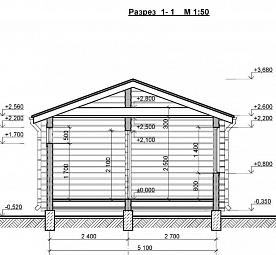 Проект одноэтажной брусчатой бани № 92/22. Разрез.