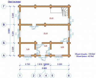 Проект бревенчатого дома с мансардой 135 кв.м. 110/68. 1 этаж