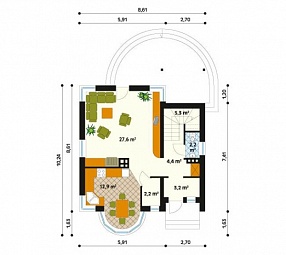 Проект дома с круглым эркером 110/28. 1 этаж