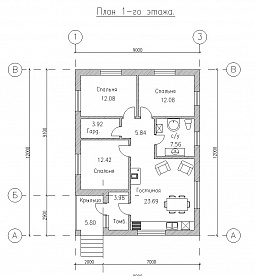 Бесплатный проект одноэтажного дома из пеноблоков  № 92/59. Планировка.